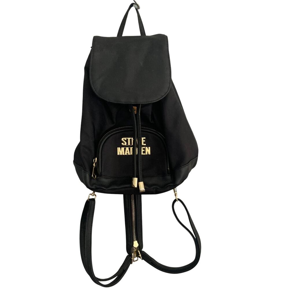 Steve Madden Bcyrus Backpack Black Nylon Drawstring Gold Logo Convertible Bag